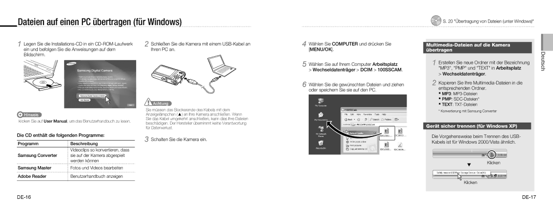 Samsung EC-NV9ZZPBA/RU manual Dateien auf einen PC übertragen für Windows, Multimedia-Dateien auf die Kamera Übertragen 