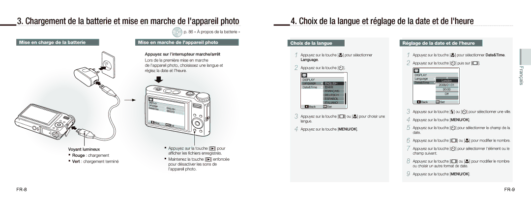 Samsung EC-NV9ZZBBA/FR Choix de la langue et réglage de la date et de lheure, Mise en charge de la batterie, FR-8 FR-9 