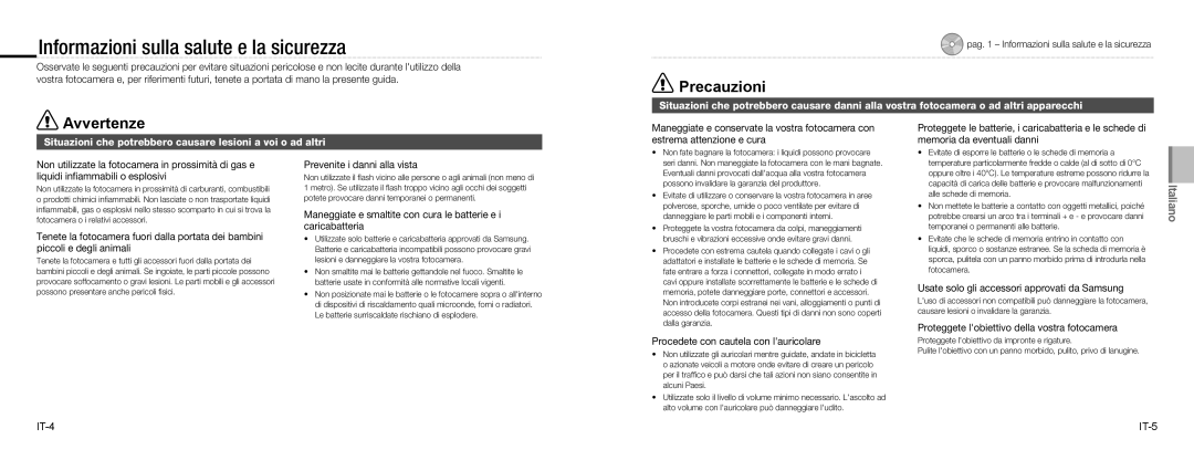 Samsung EC-NV9ZZBBA/E1, EC-NV9ZZSBA/FR, EC-NV9ZZPBA/FR Informazioni sulla salute e la sicurezza, Precauzioni, Avvertenze 