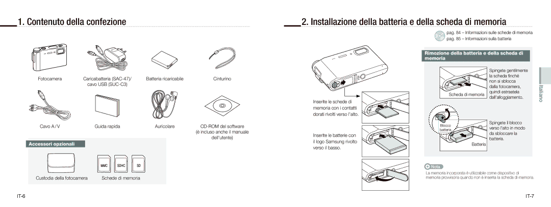 Samsung EC-NV9ZZBBA/VN, EC-NV9ZZSBA/FR manual Rimozione della batteria e della scheda di Memoria, Accessori opzionali 