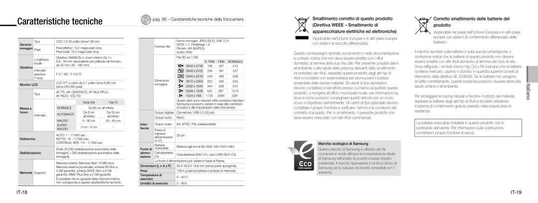 Samsung EC-NV9ZZSBA/E2 manual Caratteristiche tecniche, Corretto smaltimento delle batterie del prodotto, IT-18 IT-19 