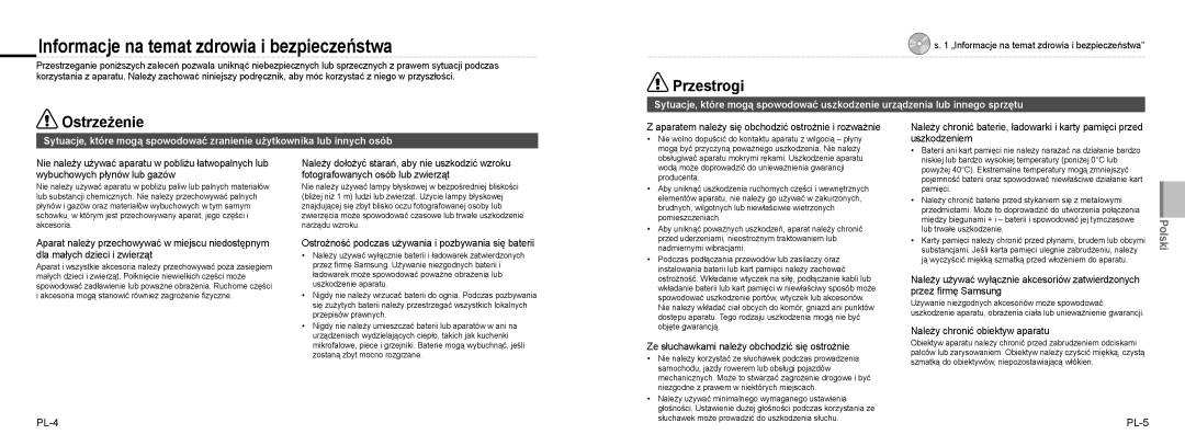 Samsung EC-NV9ZZPBA/RU, EC-NV9ZZSBA/FR manual Informacje na temat zdrowia i bezpieczeństwa, Przestrogi, Ostrzeżenie 