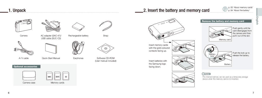 Samsung EC-NV9ZZPBA/IT Unpack Insert the battery and memory card, Remove the battery and memory card, Optional accessories 