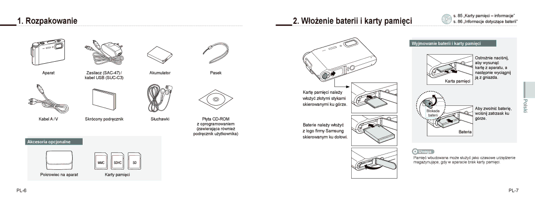 Samsung EC-NV9ZZBBA/RU manual Rozpakowanie Włożenie baterii i karty pamięci, PL-6 PL-7, Wyjmowanie baterii i karty pamięci 