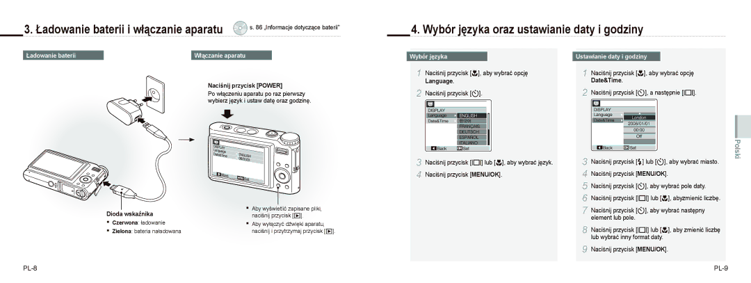 Samsung EC-NV9ZZSBA/RU, EC-NV9ZZSBA/FR manual Wybór języka oraz ustawianie daty i godziny, PL-8 PL-9, Ładowanie baterii 