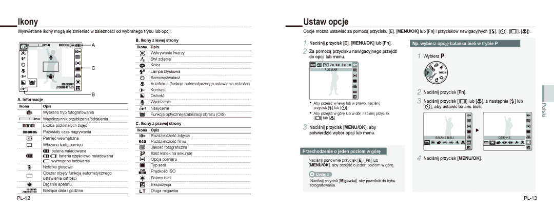 Samsung EC-NV9ZZPBA/FR, EC-NV9ZZSBA/FR, EC-NV9ZZBBA/FR manual Ikony, Ustaw opcje, Naciśnij przycisk MENU/OK, PL-12 PL-13 