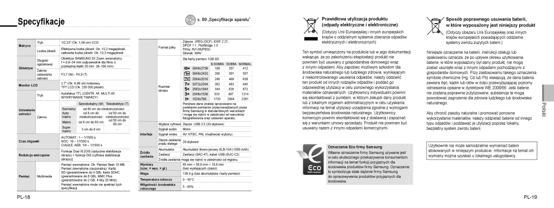 Samsung EC-NV9ZZPBA/IT, EC-NV9ZZSBA/FR manual PL-18 PL-19, 89 „Specyﬁkacje aparatu, Oznaczenie Eco ﬁrmy Samsung 