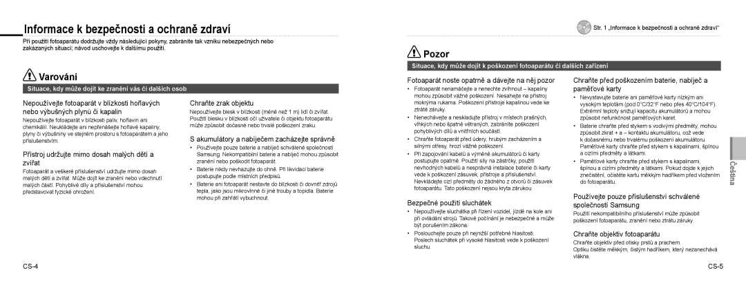 Samsung EC-NV9ZZPBB/IT, EC-NV9ZZSBA/FR, EC-NV9ZZPBA/FR Informace k bezpečnosti a ochraně zdraví, Pozor, Varování, CS-4 CS-5 