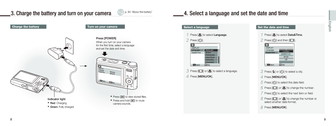 Samsung EC-NV9ZZBBB/IT manual Select a language and set the date and time, Charge the battery, Set the date and time 