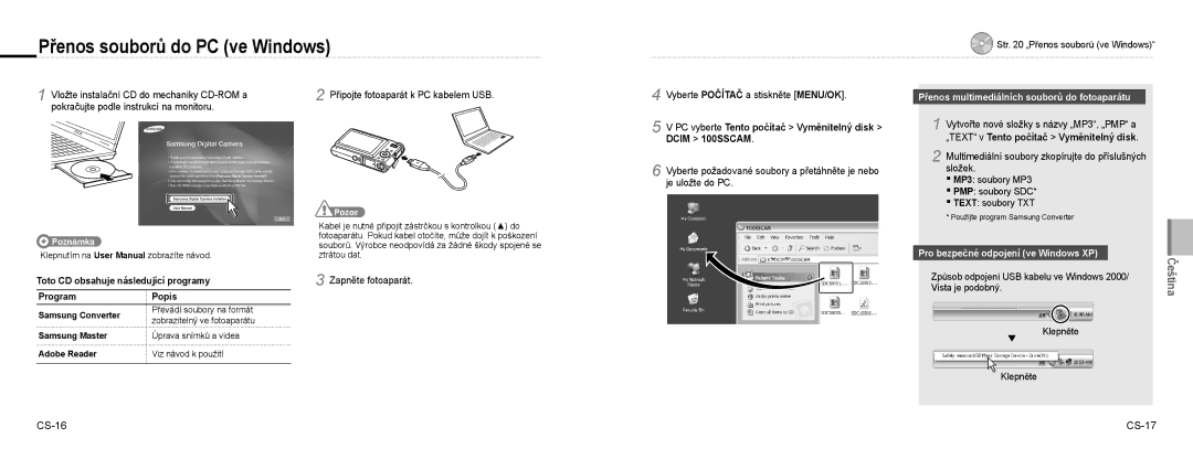 Samsung EC-NV9ZZPBA/VN manual Přenos souborů do PC ve Windows, PC vyberte Tento počítač Vyměnitelný disk Dcim 100SSCAM 