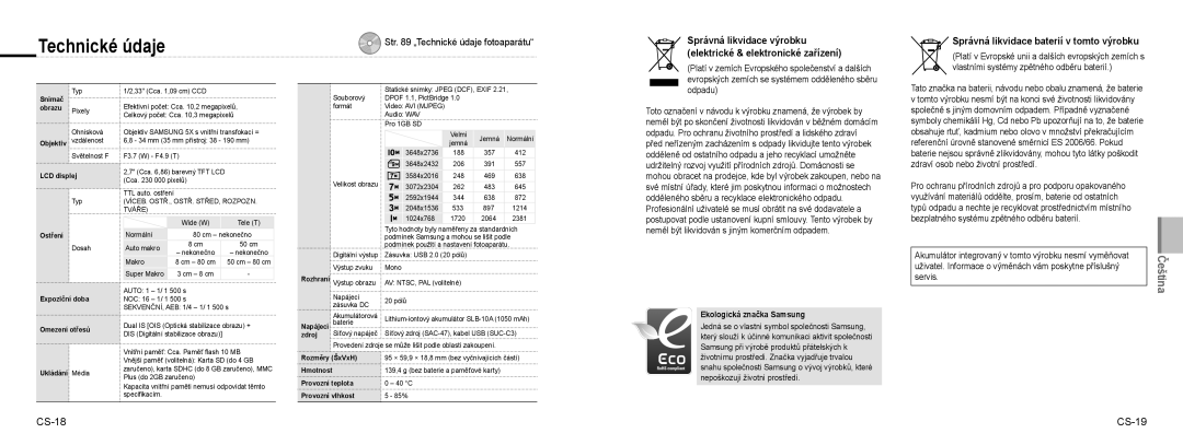 Samsung EC-NV9ZZBBA/E3 Technické údaje, Správná likvidace baterií v tomto výrobku, CS-18 CS-19, Ekologická značka Samsung 