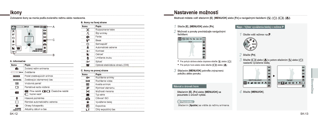 Samsung EC-NV9ZZBBA/RU, EC-NV9ZZSBA/FR, EC-NV9ZZPBA/FR manual Nastavenie možností, SK-12 SK-13, Návrat o úroveň hore 