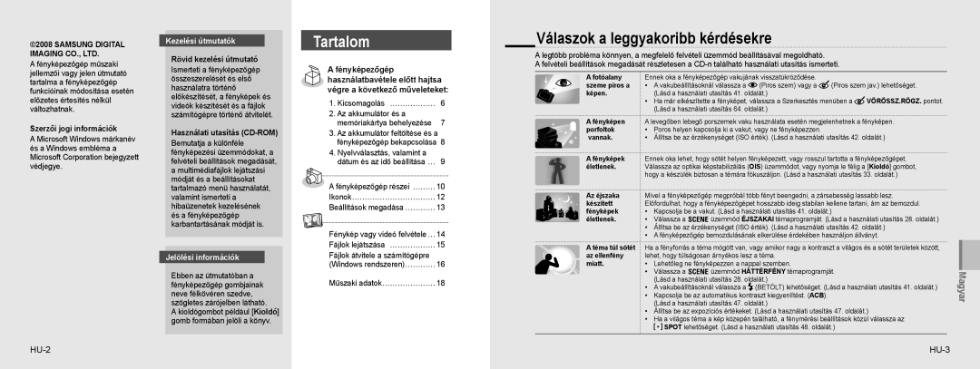 Samsung EC-NV9ZZBBA/FR manual Válaszok a leggyakoribb kérdésekre, HU-2 HU-3, Kezelési útmutatók, Jelölési információk 