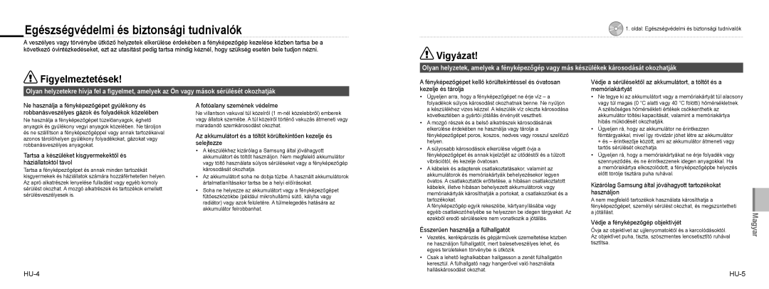 Samsung EC-NV9ZZSBA/IT, EC-NV9ZZSBA/FR Egészségvédelmi és biztonsági tudnivalók, Vigyázat, Figyelmeztetések, HU-4 HU-5 