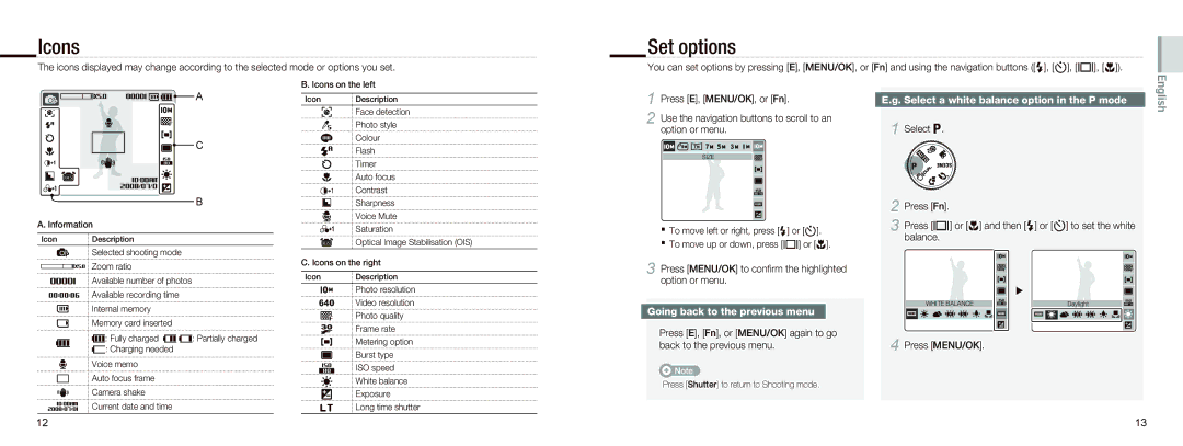 Samsung EC-NV9ZZBBA/IT Icons, Set options, Select a white balance option in the P mode, Going back to the previous menu 