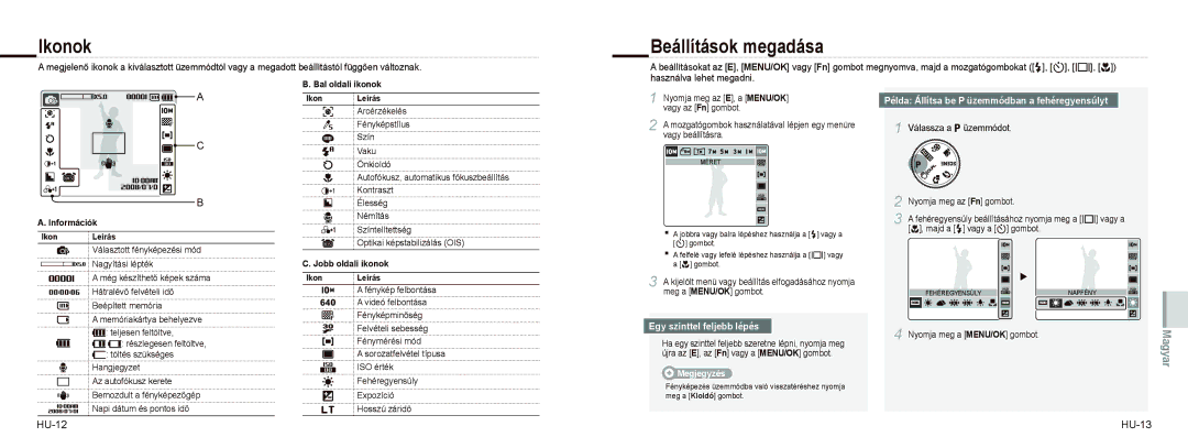 Samsung EC-NV9ZZBBA/IT manual Ikonok, Beállítások megadása, HU-12 HU-13, Példa Állítsa be P üzemmódban a fehéregyensúlyt 