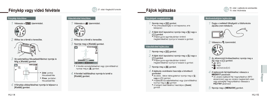 Samsung EC-NV9ZZSBB/IT, EC-NV9ZZSBA/FR, EC-NV9ZZPBA/FR manual Fénykép vagy videó felvétele, Fájlok lejátszása, HU-14 HU-15 