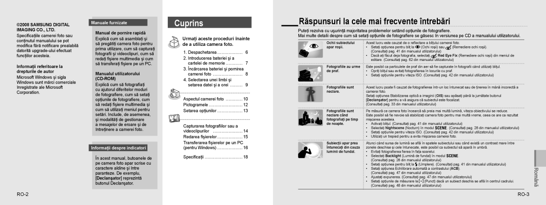 Samsung EC-NV9ZZSBA/VN Răspunsuri la cele mai frecvente întrebări, De a utiliza camera foto, RO-2 RO-3, Manuale furnizate 