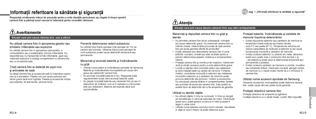 Samsung EC-NV9ZZPBA/VN, EC-NV9ZZSBA/FR manual Informaţii referitoare la sănătate şi siguranţă, Atenţie, Avertismente 