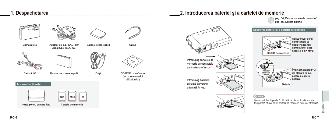 Samsung EC-NV9ZZBBA/E3, EC-NV9ZZSBA/FR manual RO-6, RO-7, Scoaterea bateriei şi a cartelei de memorie, Accesorii opţionale 