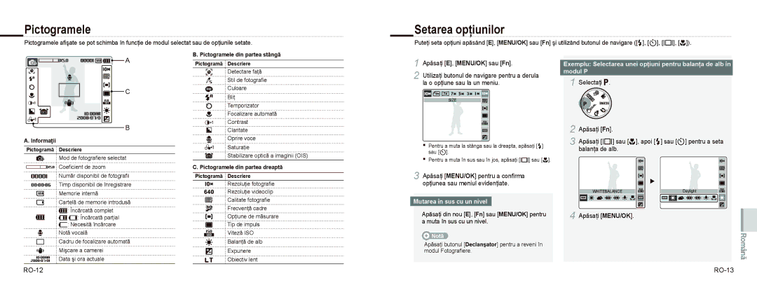 Samsung EC-NV9ZZSBA/E2, EC-NV9ZZSBA/FR manual Pictogramele, Setarea opţiunilor, Selectaţi, Apăsaţi MENU/OK, RO-12 RO-13 