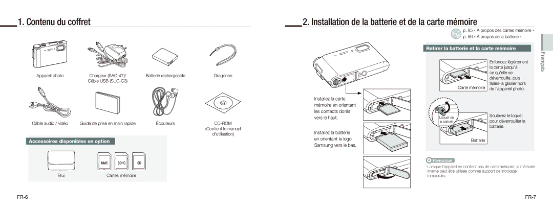 Samsung EC-NV9ZZBBA/E3 manual Retirer la batterie et la carte mémoire, Accessoires disponibles en option, FR-6 FR-7 