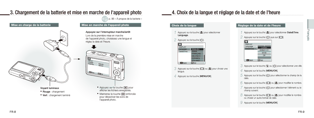 Samsung EC-NV9ZZSBA/E3 Choix de la langue et réglage de la date et de lheure, Mise en charge de la batterie, FR-8 FR-9 