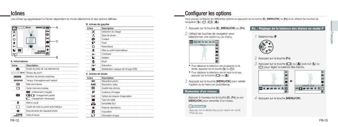 Samsung EC-NV9ZZSBA/E2 Icônes, Conﬁgurer les options, Ex. Réglage de la balance des blancs en mode P, Remonter dun niveau 