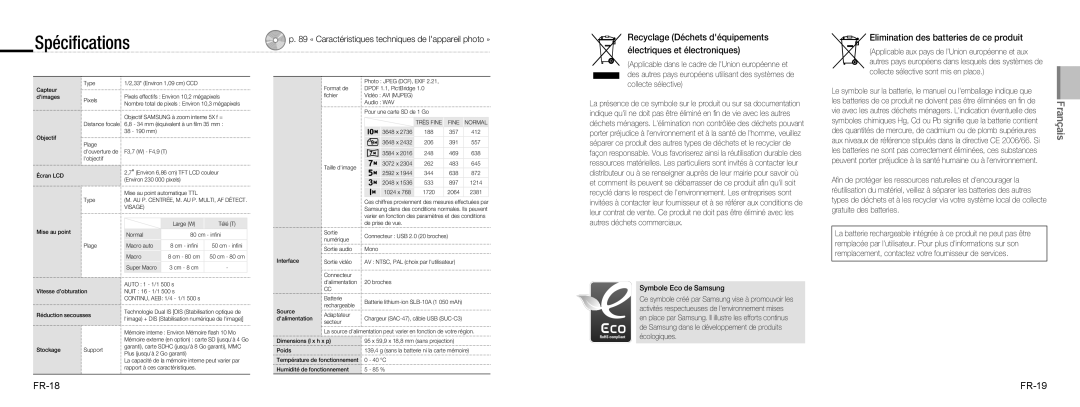 Samsung EC-NV9ZZBBA/RU, EC-NV9ZZSBA/FR, EC-NV9ZZPBA/FR Spéciﬁcations, Elimination des batteries de ce produit, FR-18 FR-19 