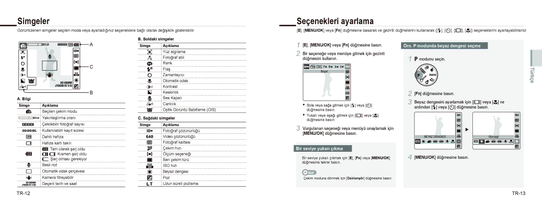 Samsung EC-NV9ZZPBA/IT, EC-NV9ZZSBA/FR, EC-NV9ZZPBA/FR Simgeler, Seçenekleri ayarlama, TR-12 TR-13, Bir seviye yukarı çıkma 