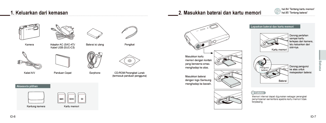 Samsung EC-NV9ZZBBA/RU manual Keluarkan dari kemasan Masukkan baterai dan kartu memori, ID-6 ID-7, Aksesoris pilihan 