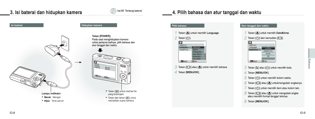 Samsung EC-NV9ZZSBA/RU Isi baterai dan hidupkan kamera, Pilih bahasa dan atur tanggal dan waktu, Atur tanggal dan waktu 