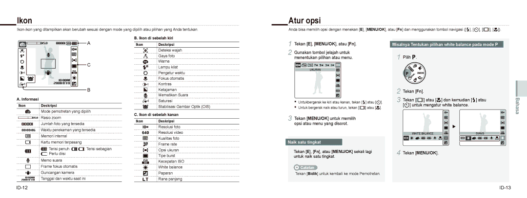 Samsung EC-NV9ZZPBA/FR, EC-NV9ZZSBA/FR manual Ikon, Atur opsi, Tekan E, MENU/OK, atau Fn, ID-12 ID-13, Naik satu tingkat 