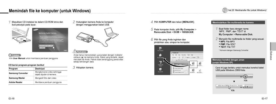 Samsung EC-NV9ZZSBA/IT manual Memindah ﬁle ke komputer untuk Windows, Masukkan CD instalasi ke dalam CD-ROM drive dan 