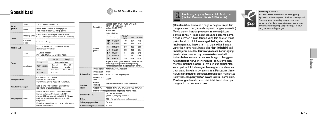 Samsung EC-NV9ZZPBA/IT, EC-NV9ZZSBA/FR, EC-NV9ZZPBA/FR, EC-NV9ZZBBA/FR, EC-NV9ZZSBA/IT manual Spesiﬁkasi, Samsung Eco-mark 