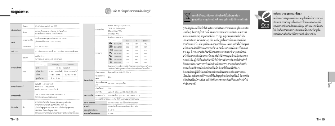 Samsung EC-NV9ZZPBA/FR, EC-NV9ZZSBA/FR, EC-NV9ZZBBA/FR, EC-NV9ZZSBA/IT, EC-NV9ZZPBA/IT manual TH-18, TH-19, ขนาด WxHxD 