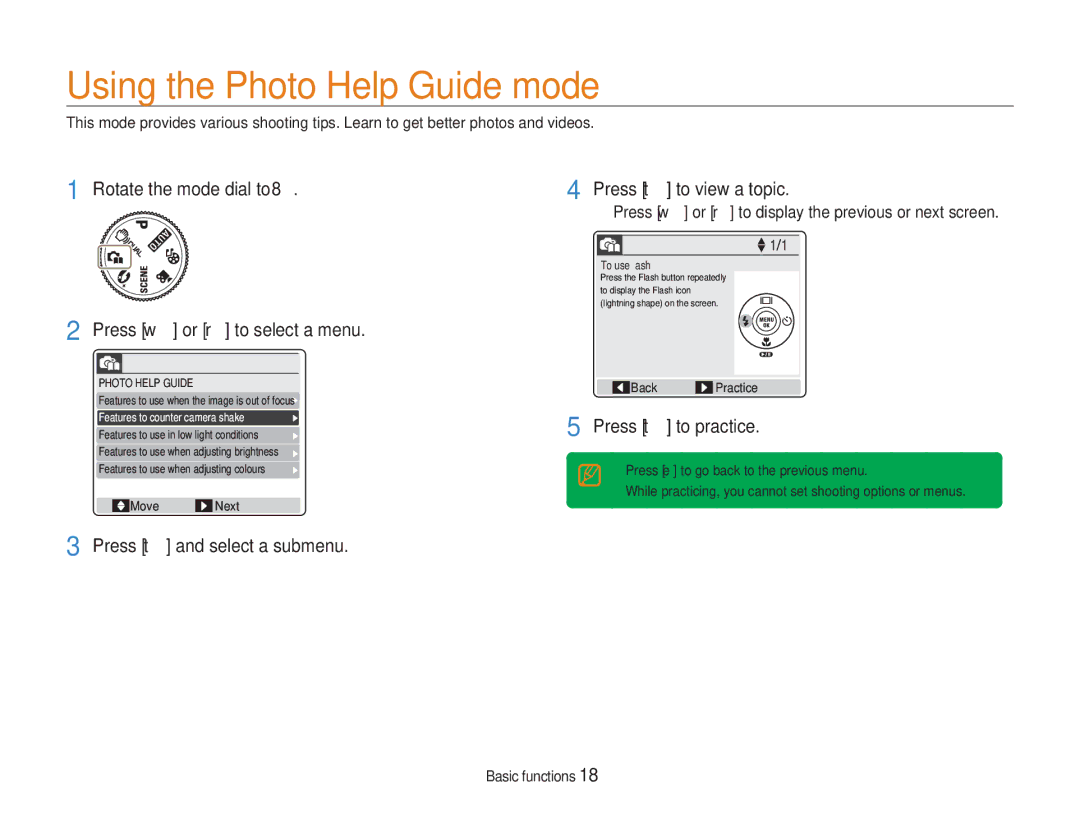 Samsung EC-NV9ZZPBA/E2 manual Using the Photo Help Guide mode, Rotate the mode dial to Press w or r to select a menu 