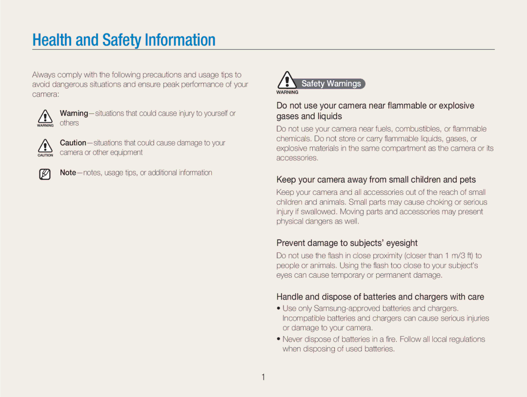 Samsung EC-NV9ZZBBA/FR manual Keep your camera away from small children and pets, Prevent damage to subjects’ eyesight 