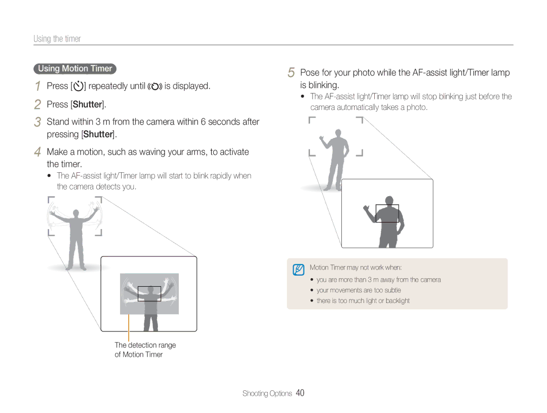 Samsung EC-NV9ZZSBA/E2 manual Using the timer, Press t repeatedly until Is displayed Press Shutter, Using Motion Timer 