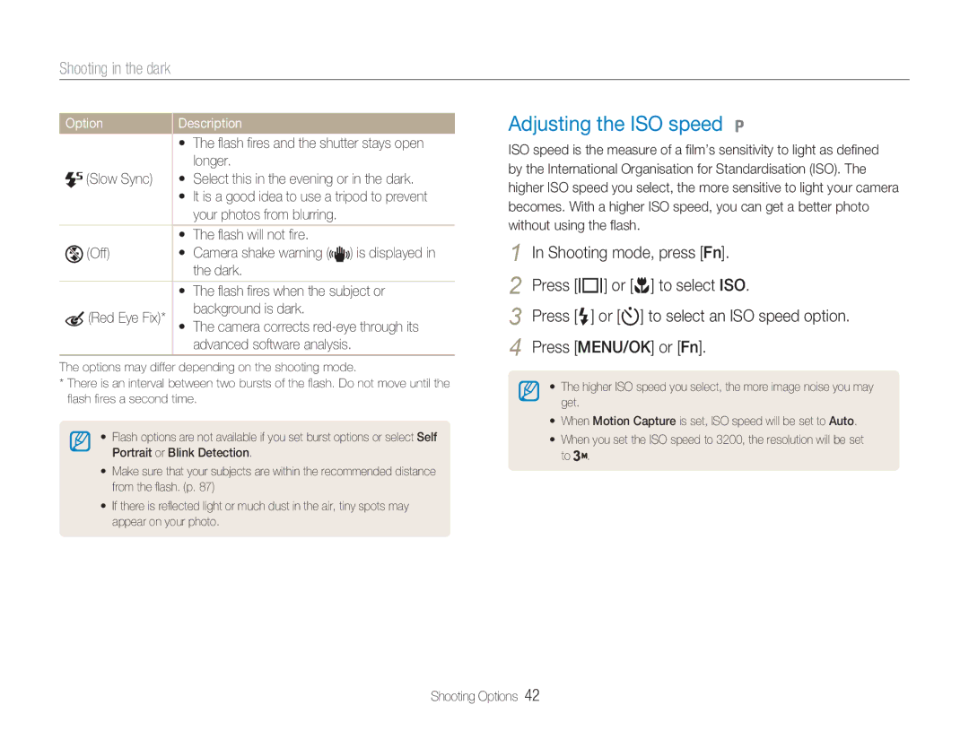Samsung EC-NV9ZZPBA/RU, EC-NV9ZZSBA/FR, EC-NV9ZZPBA/FR, EC-NV9ZZBBA/FR Adjusting the ISO speed, Shooting in the dark, Option 
