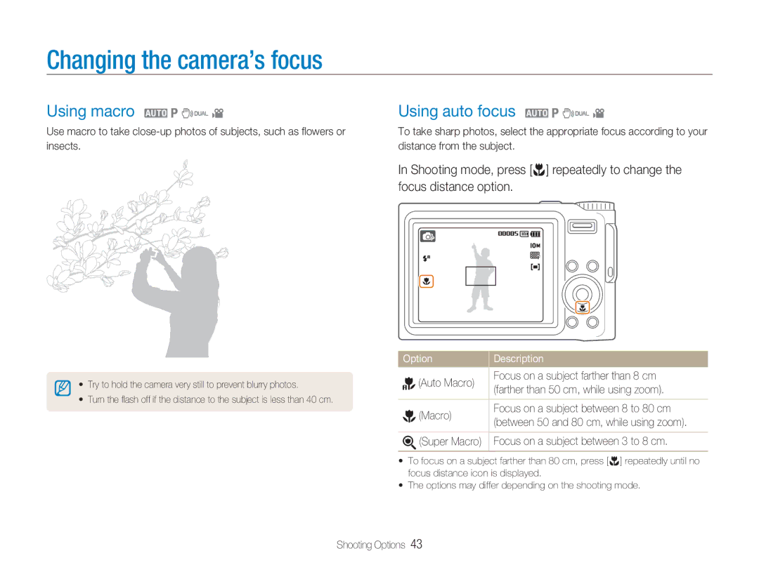 Samsung EC-NV9ZZBBA/RU manual Changing the camera’s focus, Using macro 2 1 7 Using auto focus 2 1 7, Focus distance option 