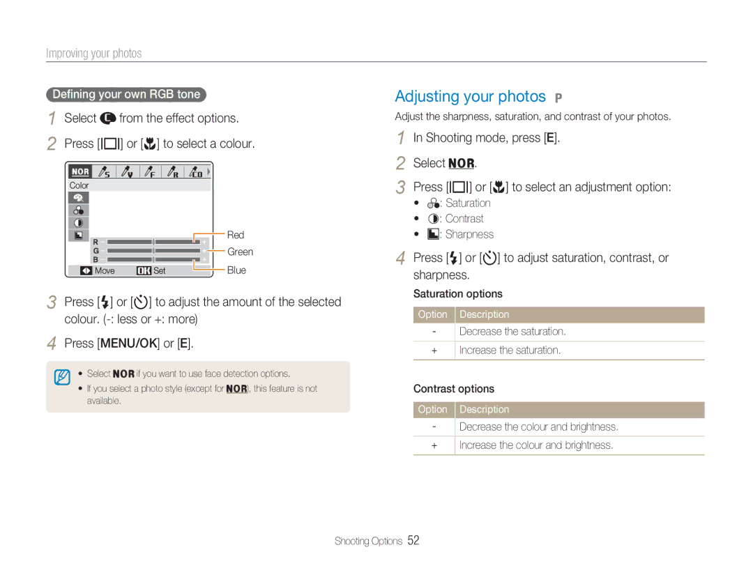 Samsung EC-NV9ZZBBA/IT, EC-NV9ZZSBA/FR Adjusting your photos, Improving your photos, Select, Deﬁning your own RGB tone 