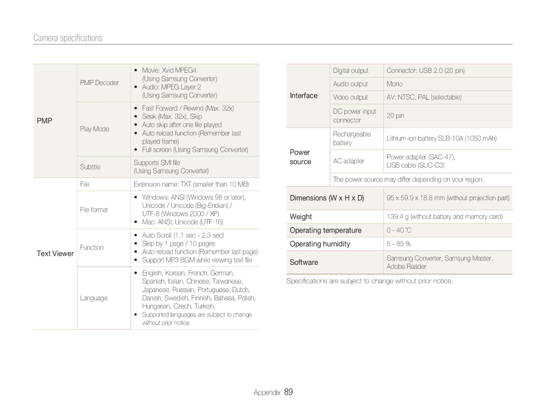 Samsung EC-NV9ZZBBA/RU manual Text Viewer, Interface, Power, Source, Dimensions W x H x D, Weight, Operating temperature 