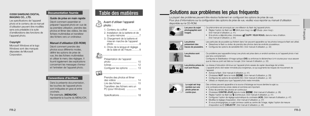 Samsung EC-NV9ZZSBA/VN Table des matières, Solutions aux problèmes les plus fréquents, Documentation fournie, Français 