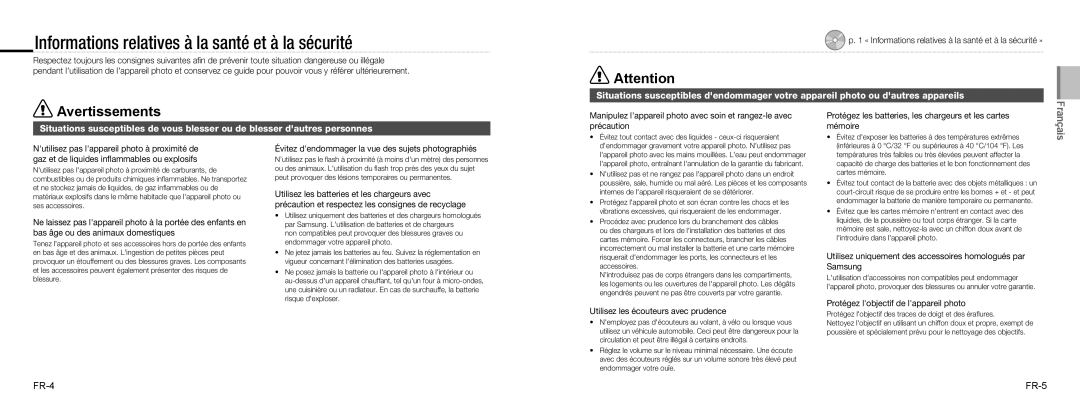 Samsung EC-NV9ZZPBA/VN, EC-NV9ZZSBA/FR manual Informations relatives à la santé et à la sécurité, Avertissements, Français 