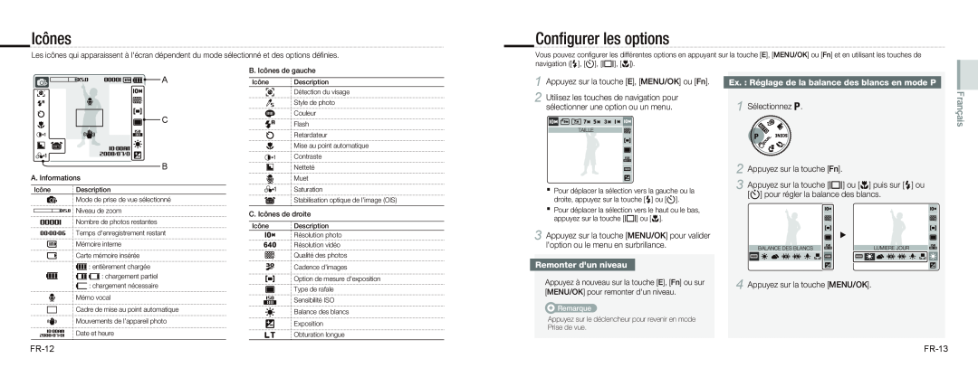 Samsung EC-NV9ZZSBA/E2 manual Icônes, Conﬁgurer les options, Ex. Réglage de la balance des blancs en mode P, Français 