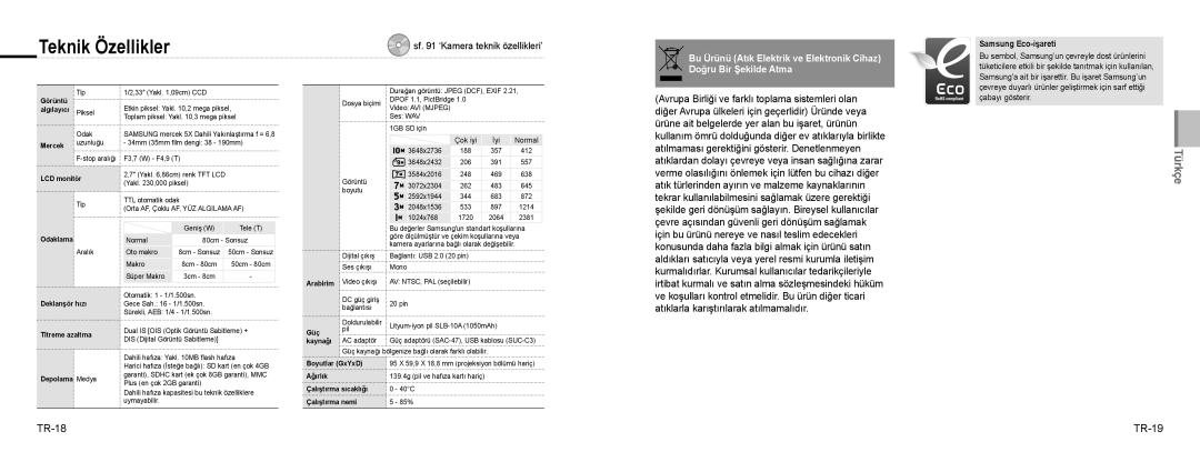 Samsung EC-NV9ZZBBA/IT manual Teknik Özellikler, Türkçe, Bu Ürünü Atık Elektrik ve Elektronik Cihaz Doğru Bir Şekilde Atma 
