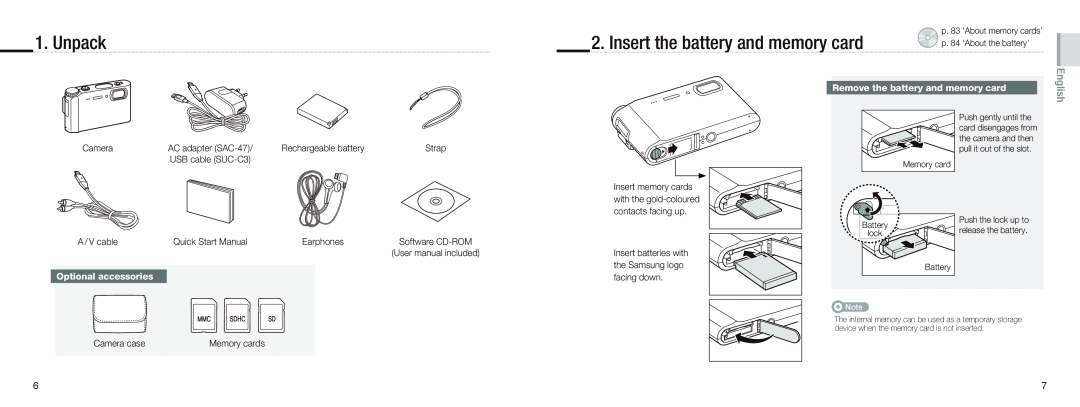 Samsung EC-NV9ZZPBA/IT Unpack, Insert the battery and memory card, Remove the battery and memory card, English, Battery 