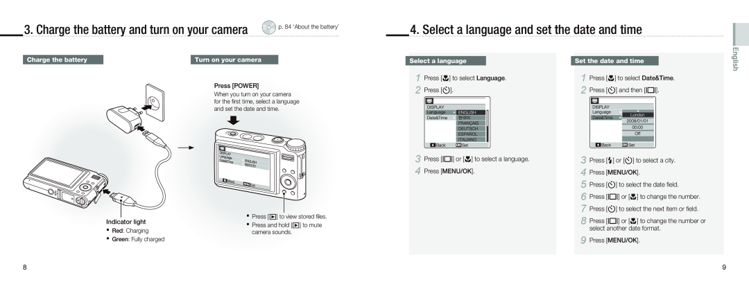 Samsung EC-NV9ZZBBB/IT Select a language and set the date and time, Charge the battery and turn on your camera, English 