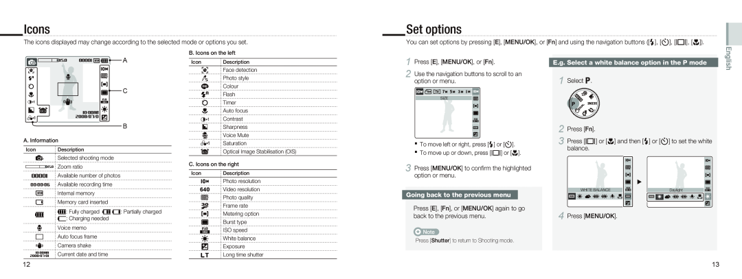 Samsung EC-NV9ZZBBA/IT, EC-NV9ZZSBA/FR manual Icons, Set options, E.g. Select a white balance option in the P mode, English 